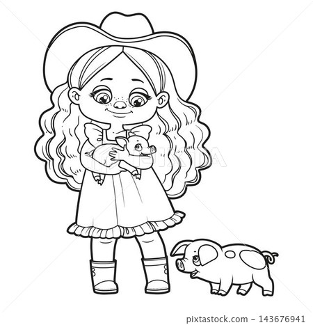 Cute cartoon girl holding little pig in her hands and a pig nearby outlined for coloring page on white background Cute cartoon girl holding little pig in her hands and a pig nearby outlined for coloring page on white background 143676941
