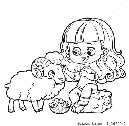 Cute cartoon girl sitting on hay and feeds the ram with cabbage leaves outlined on white background Cute cartoon girl sitting on hay and feeds the ram with cabbage leaves outlined on white background 143676942