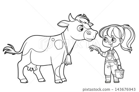 Cute cartoon girl with a bucket of milk feeds cow with hay outlined for coloring book on white background Cute cartoon girl with a bucket of milk feeds cow with hay outlined for coloring book on white background 143676943