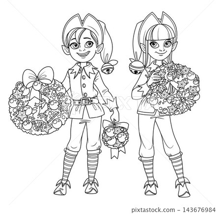 Cute teen boy and girl in costumes elf holding christmas wreath outlined for coloring page 143676984