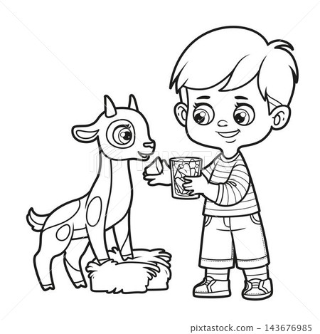 Cute cartoon boy feed goat with carrot and salad pieces outlined variation for coloring page on white background Cute cartoon boy feed goat with carrot and salad pieces outlined variation for coloring page on white background 143676985