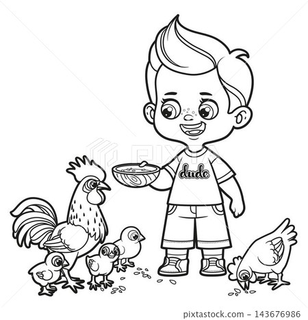 Cute cartoon boy feeds feeds chickens and chicks with grains from a bowl outlined for coloring page on white background Cute cartoon boy feeds feeds chickens and chicks with grains from a bowl outlined for coloring page on white background 143676986