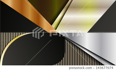 Abstract geometric background with metallic textures, gold and silver panels, and vertical pinstripe patterns for modern luxury graphic layouts 143677074