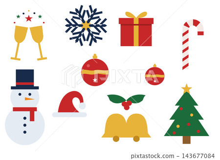 Colorful flat vector collection of Christmas and New Year holiday icons including ornament, champagne glasses, bells, gingerbread man, candy cane, snowflake, snowman, gift box, Santa hat and tree Colorful flat vector collection of Christmas and New Year holiday icons including ornament, champagne glasses, bells, gingerbread man, candy cane, snowflake, snowman, gift box, Santa hat and tree 143677084