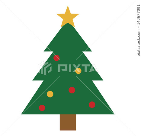 Festive flat vector illustration of a decorated green Christmas tree topped with a golden star, isolated on a white background. Festive flat vector illustration of a decorated green Christmas tree topped with a golden star, isolated on a white background. 143677091