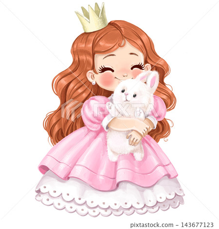 Cute cartoon princess in a voluminous pink dress hugs white rabbit toy watercolor paint Cute cartoon princess in a voluminous pink dress hugs white rabbit toy watercolor paint 143677123
