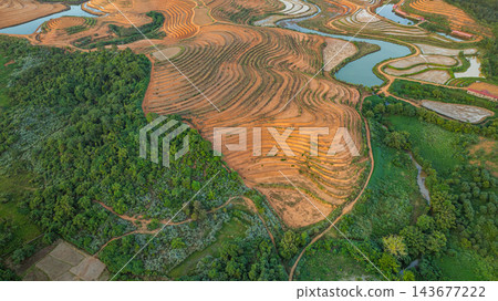 Aerial view of A Water, Rice, and Life at Tad Ma Waterfall, Laos 143677222