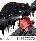 The image shows a frightened red-haired researcher with a headlamp on her forehead 143677272