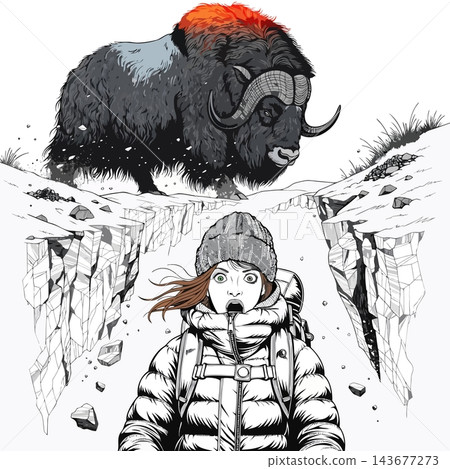 The image shows a frightened tourist wearing a winter jacket and a hat The image shows a frightened tourist wearing a winter jacket and a hat 143677273