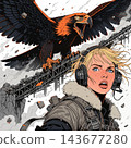 This image captures a dynamic and tense scene featuring a young woman and a huge eagle 143677280