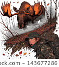 The image depicts a dynamic and tense scene in a comic-book and horror style 143677286