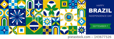 Seamless geometric Brazilian pattern and banner with Happy Brazil Independence Day, cultural symbols. Colorful mosaic background with simple shapes Seamless geometric Brazilian pattern and banner with Happy Brazil Independence Day, cultural symbols. Colorful mosaic background with simple shapes 143677326
