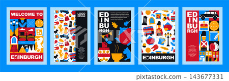 Geometric Scotland, Edinburgh Poster Set with Travel, Vacation, Culture, Food, and Architecture Symbols, Abstract Icons, Tourism Vector Design Templates Geometric Scotland, Edinburgh Poster Set with Travel, Vacation, Culture, Food, and Architecture Symbols, Abstract Icons, Tourism Vector Design Templates 143677331