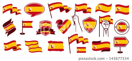 Spain Flag Set in Different Styles, Retro and Modern Ribbons, Shields, Badges, Hearts, Hand Held Flags, Spanish Vector Design Elements. Spain Flag Set in Different Styles, Retro and Modern Ribbons, Shields, Badges, Hearts, Hand Held Flags, Spanish Vector Design Elements. 143677334