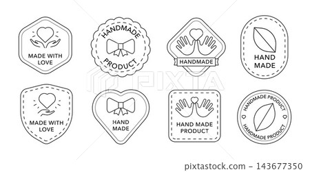 Set of minimalist line art handmade badge icons featuring hand, heart, and artisan symbols. Perfect for craft businesses, handmade product branding, boutique packaging, labels, logos, stickers Set of minimalist line art handmade badge icons featuring hand, heart, and artisan symbols. Perfect for craft businesses, handmade product branding, boutique packaging, labels, logos, stickers 143677350