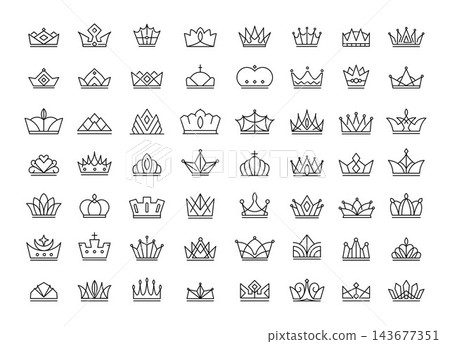 Set of elegant line art crown icons featuring royal, luxury, and vintage styles. Outline crown symbols suitable for branding, heraldry, logos, awards, labels, emblems, jewelry, fashion Set of elegant line art crown icons featuring royal, luxury, and vintage styles. Outline crown symbols suitable for branding, heraldry, logos, awards, labels, emblems, jewelry, fashion 143677351
