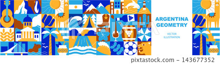 Argentina Geometric Seamless Pattern and Banner with Travel, Holiday and Vacation Symbols, Traditional Culture Icons, Food, Architecture and Tourism Mosaic Elements, Vector Illustration Argentina Geometric Seamless Pattern and Banner with Travel, Holiday and Vacation Symbols, Traditional Culture Icons, Food, Architecture and Tourism Mosaic Elements, Vector Illustration 143677352