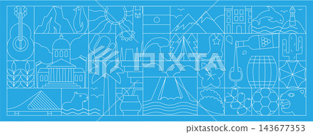 Argentina Geometric Line Art Banner and Pattern with Travel Symbols, Traditional Culture, Food and Architecture Icons, Art Deco Mosaic Vector Illustration Argentina Geometric Line Art Banner and Pattern with Travel Symbols, Traditional Culture, Food and Architecture Icons, Art Deco Mosaic Vector Illustration 143677353