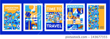 Mosaic Geometric Argentina Poster Set with Travel, Vacation, Culture, Food and Architecture Symbols, Abstract Icons, Tourism Vector Design Templates 143677355