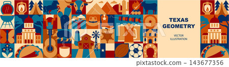 Texas Geometric Seamless Pattern and Banner with Travel, Holiday and Vacation Symbols, Western Culture Icons, Food, Architecture and Tourism Mosaic Elements, Vector Illustration 143677356
