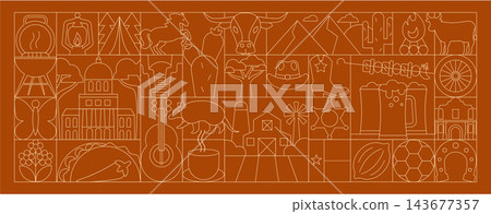 Texas Geometric Line Art Banner and Seamless Pattern with Travel Symbols, Western Culture, Food and Architecture Icons, Art Deco Mosaic Vector Illustration Texas Geometric Line Art Banner and Seamless Pattern with Travel Symbols, Western Culture, Food and Architecture Icons, Art Deco Mosaic Vector Illustration 143677357