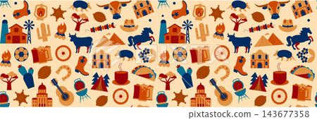 Texas Geometric Icons and Seamless Pattern with Travel, Holiday, Western Culture, Food and Architecture Symbols, Modern Tourism Vector Background Texas Geometric Icons and Seamless Pattern with Travel, Holiday, Western Culture, Food and Architecture Symbols, Modern Tourism Vector Background 143677358