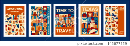 Mosaic Geometric Texas Poster Set with Travel, Vacation, Western Culture, Food and Architecture Symbols, Abstract Icons, Tourism Vector Design Templates 143677359