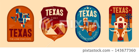 Retro Texas Geometric Badge Set, Colorful Flat Design Labels with Map, Text, Lone Star, Ranch, Travel, Western Culture and State Symbols, Vector Illustration isolated 143677360