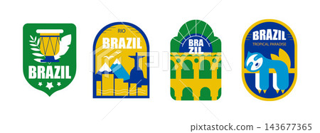Brazil Geometric Badge Set, Colorful Flat Design Stickers, Labels with National Symbols, Travel, Culture, Nature and Landmark Icons, Vector Illustration Brazil Geometric Badge Set, Colorful Flat Design Stickers, Labels with National Symbols, Travel, Culture, Nature and Landmark Icons, Vector Illustration 143677365