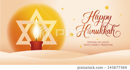 Happy Hanukkah banner with Star of David, candle and glowing festive background. Modern vector greeting for the Jewish Festival Happy Hanukkah banner with Star of David, candle and glowing festive background. Modern vector greeting for the Jewish Festival 143677369