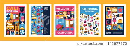 Creative Mosaic Geometric California Poster Set with Typography, Abstract Travel and Nature Symbols, Vector Design Templates, Tourism Branding Creative Mosaic Geometric California Poster Set with Typography, Abstract Travel and Nature Symbols, Vector Design Templates, Tourism Branding 143677370