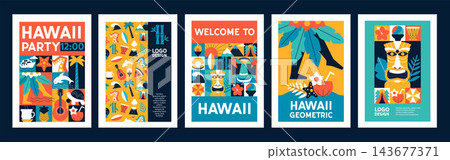 Creative Mosaic Geometric Hawaii Poster Set with Aloha Typography, Tropical Island Travel Symbols, Abstract Vector Illustration, Party Design Templates Creative Mosaic Geometric Hawaii Poster Set with Aloha Typography, Tropical Island Travel Symbols, Abstract Vector Illustration, Party Design Templates 143677371