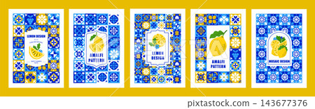 Mediterranean Tile Poster Template Set with Blue Azulejo Ornaments and Hand Drawn Lemon, Symmetrical Mosaic Patterns, Citrus Inspired Vector Design for Labels, Cards, Banners, Flyers, Packaging 143677376