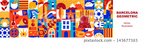 Barcelona Typography Seamless Pattern and Banner with Mediterranean Travel Symbols, Ceramic Tile Ornaments, Catalonia Culture Icons, Vacation and Holiday Elements, Food and Architecture Flat Vector Barcelona Typography Seamless Pattern and Banner with Mediterranean Travel Symbols, Ceramic Tile Ornaments, Catalonia Culture Icons, Vacation and Holiday Elements, Food and Architecture Flat Vector 143677383