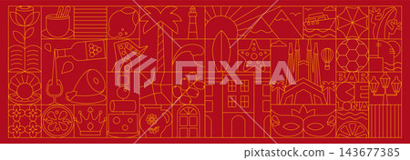 Barcelona Art Deco Banner and Seamless Pattern. Banner with Mediterranean Tile Elements, Linear Travel Icons, Catalonia Culture, Food and Architecture Symbols, Elegant Vector Illustration Barcelona Art Deco Banner and Seamless Pattern. Banner with Mediterranean Tile Elements, Linear Travel Icons, Catalonia Culture, Food and Architecture Symbols, Elegant Vector Illustration 143677385