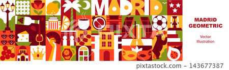 Madrid Seamless Pattern and Banner with Travel, Vacation, and Holiday Symbols, Spanish Culture, Food, and Architecture Elements, Creative Mosaic Vector Illustration, Typography Design Madrid Seamless Pattern and Banner with Travel, Vacation, and Holiday Symbols, Spanish Culture, Food, and Architecture Elements, Creative Mosaic Vector Illustration, Typography Design 143677387
