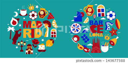 Madrid and Barcelona Round Travel Compositions with Spanish Cultural Symbols, Architecture, Food, Festivals and Tourism Elements, Geometric Vector Illustration Set Madrid and Barcelona Round Travel Compositions with Spanish Cultural Symbols, Architecture, Food, Festivals and Tourism Elements, Geometric Vector Illustration Set 143677388