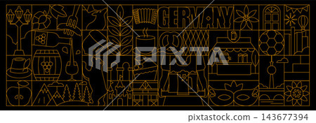 Germany Berlin Art Deco Banner and Pattern with Linear Travel Icons, Traditional German Culture, Food and Architecture Symbols, Elegant Mosaic Style Vector Illustration Germany Berlin Art Deco Banner and Pattern with Linear Travel Icons, Traditional German Culture, Food and Architecture Symbols, Elegant Mosaic Style Vector Illustration 143677394