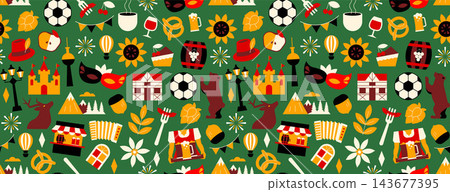 Germany Berlin Geometric Icons and Seamless Pattern with Travel, Holiday, Culture, Food and Architecture Symbols, Modern Vector Tourism Background 143677395