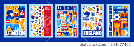Mosaic Geometric England and London Poster Set with Travel, Vacation, Culture, Food, and Architecture Symbols, Abstract Icons, Tourism Vector Design Templates. Mosaic Geometric England and London Poster Set with Travel, Vacation, Culture, Food, and Architecture Symbols, Abstract Icons, Tourism Vector Design Templates. 143677402