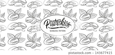 Hand-Drawn Black and White Seamless Pistachio Pattern with Lettering, Botanical Nut Background for Textile, Wrapping Paper and Packaging Hand-Drawn Black and White Seamless Pistachio Pattern with Lettering, Botanical Nut Background for Textile, Wrapping Paper and Packaging 143677415