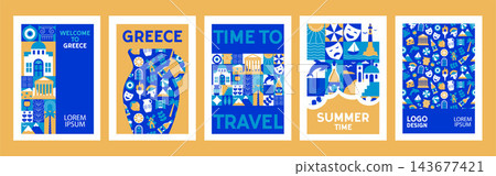 Creative geometric Greece poster set with simple icons and cultural symbols. Modern summer travel designs inspired by food, vacation in a vector illustration. Creative geometric Greece poster set with simple icons and cultural symbols. Modern summer travel designs inspired by food, vacation in a vector illustration. 143677421