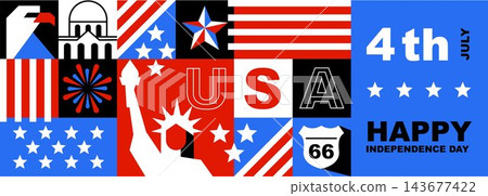 Geometric USA Independence Day Banner and Seamless Pattern Set, American Patriotic Background with Stars, Stripes, Fireworks, Eagle, 4th of July Vector Design Geometric USA Independence Day Banner and Seamless Pattern Set, American Patriotic Background with Stars, Stripes, Fireworks, Eagle, 4th of July Vector Design 143677422