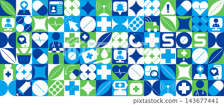 Digital medicine geometric mosaic banner, online doctor seamless pattern background, modern healthcare wallpaper with abstract medical shapes and repeating telemedicine texture Digital medicine geometric mosaic banner, online doctor seamless pattern background, modern healthcare wallpaper with abstract medical shapes and repeating telemedicine texture 143677441