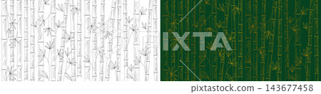 Seamless Horizontal Bamboo Pattern, Hand-Drawn Botanical Line Art Background in Color and Monochrome, Elegant Nature Wallpaper Design Seamless Horizontal Bamboo Pattern, Hand-Drawn Botanical Line Art Background in Color and Monochrome, Elegant Nature Wallpaper Design 143677458