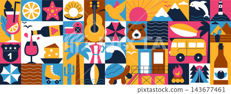 Seamless Vacation Pattern Holiday Symbols, Flat Vector Travel Background Featuring Beach, Nature and Adventure Elements. USA, California Seamless Vacation Pattern Holiday Symbols, Flat Vector Travel Background Featuring Beach, Nature and Adventure Elements. USA, California 143677461