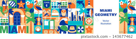 Miami Vacation Seamless Pattern and Horizontal Banner with Tropical Travel Symbols, Florida Summer Tourism Background, Flat Vector Memphis and Geometric Design Elements Miami Vacation Seamless Pattern and Horizontal Banner with Tropical Travel Symbols, Florida Summer Tourism Background, Flat Vector Memphis and Geometric Design Elements 143677462