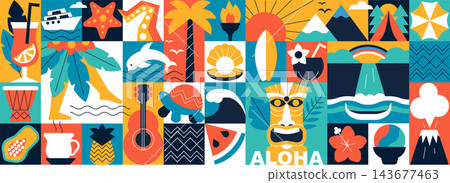 Hawaii Aloha Seamless Pattern Background with Tropical Vacation Symbols, Holiday Vector Design Featuring Surf, Flowers and Ocean Elements Hawaii Aloha Seamless Pattern Background with Tropical Vacation Symbols, Holiday Vector Design Featuring Surf, Flowers and Ocean Elements 143677463