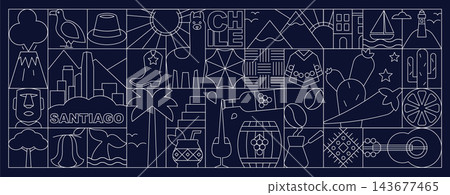Seamless geometric pattern with symbols of Chile, the city of Santiago in line art style, minimalist mosaic banner with cultural icons, images of food, architecture and plants, elegant vector ornament Seamless geometric pattern with symbols of Chile, the city of Santiago in line art style, minimalist mosaic banner with cultural icons, images of food, architecture and plants, elegant vector ornament 143677465