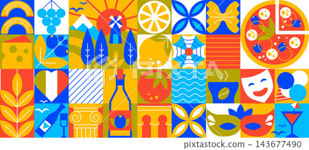 Seamless Italian symbol pattern with geometric mosaic ornament, abstract travel banner with simple cultural icons, Mediterranean heritage, background design Seamless Italian symbol pattern with geometric mosaic ornament, abstract travel banner with simple cultural icons, Mediterranean heritage, background design 143677490